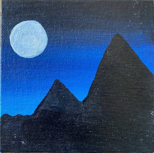 Moonlit Pyramids Painting - Original Mini Canvas Art, Blue Night Sky Decor