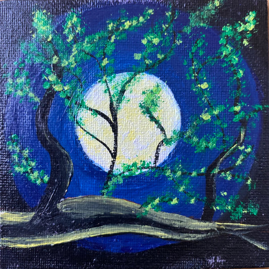 Moon and Trees Painting - Green & Blue Night Scene, Mini Canvas Art