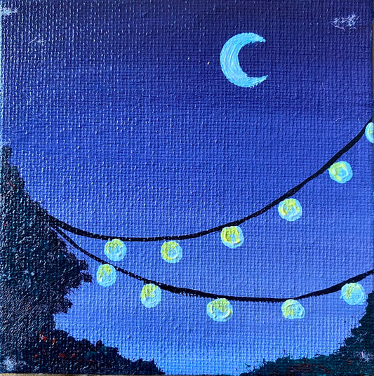 String Lights Painting - Mini Canvas Art, Fairy Lights & Moon Decor