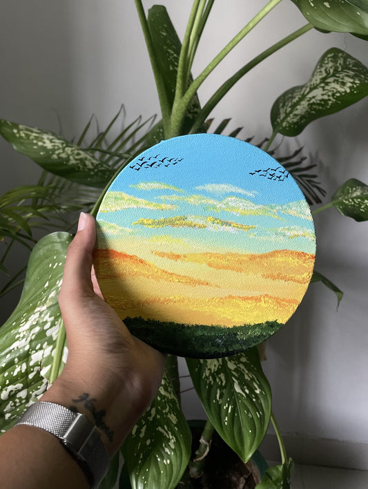 Round Sunset Painting - Circular Canvas Art with Birds, Golden Sky Landscape